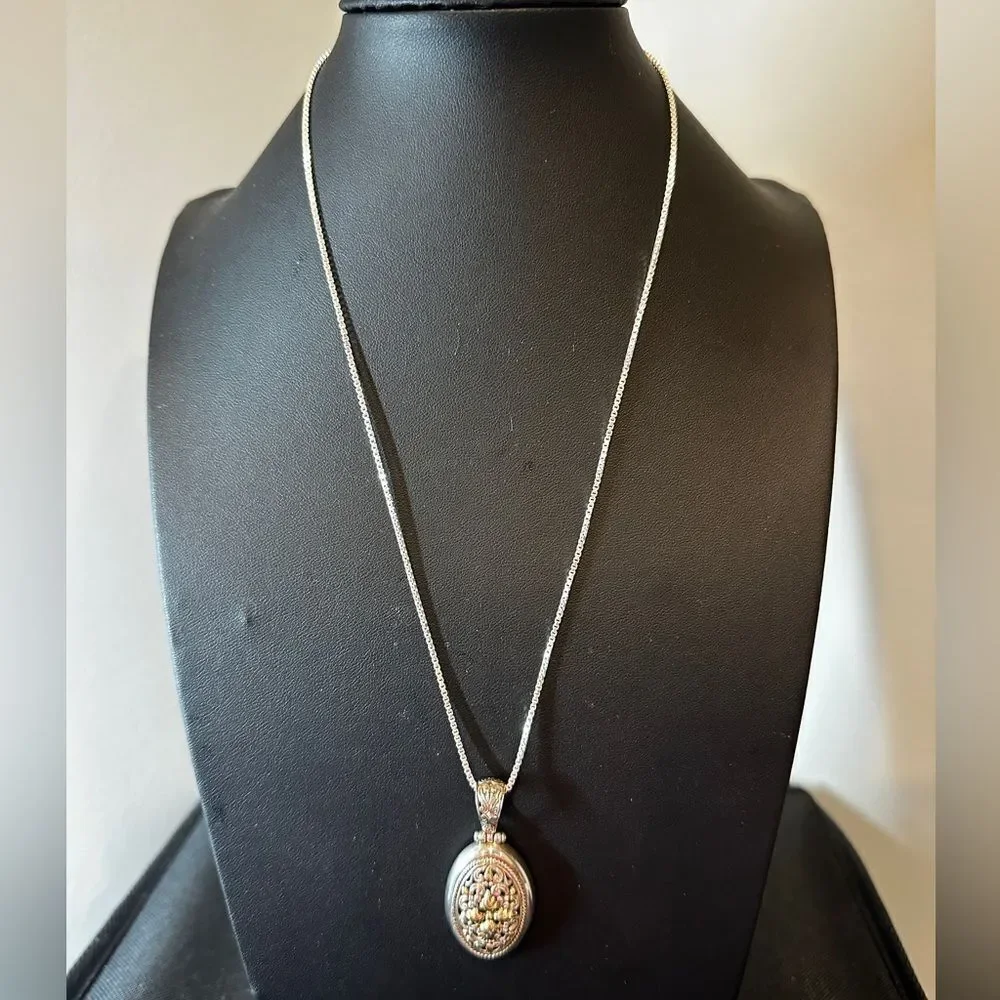 Stunning Oval-Filigree Silver and 14k Pendant with 20